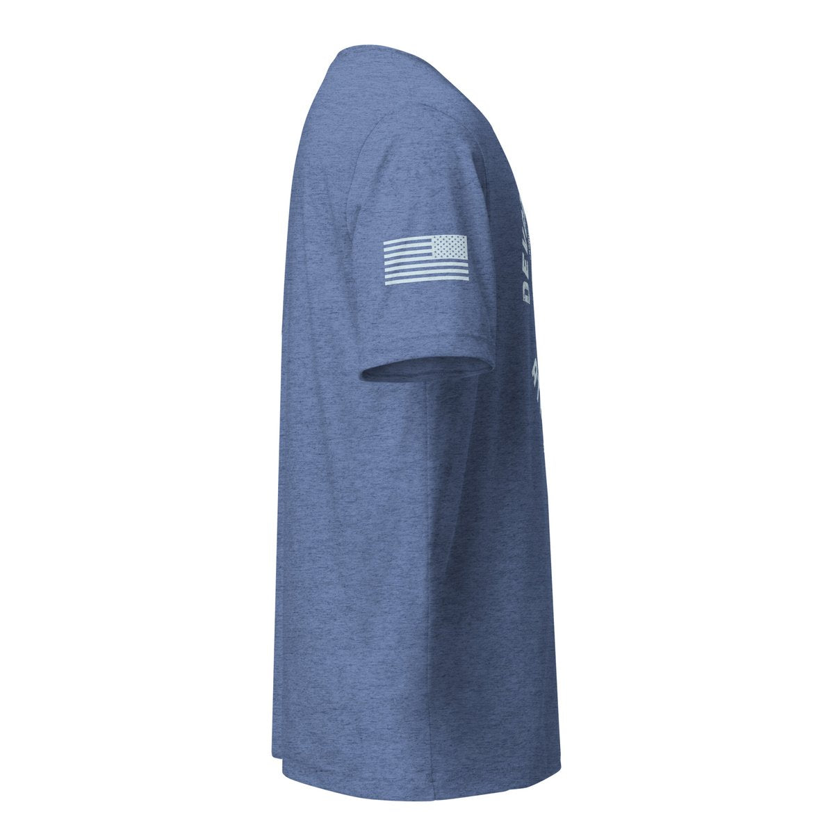 Blue shirt, right view showing right-sleeve American flag.
