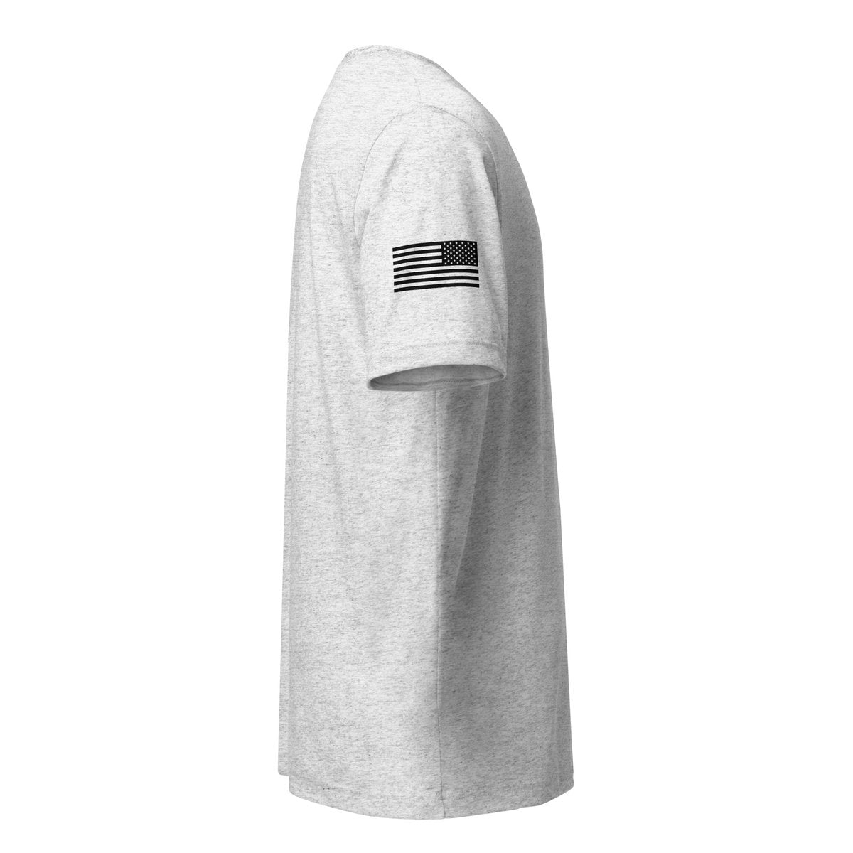 White fleck shirt, right view showing right-sleeve American flag.