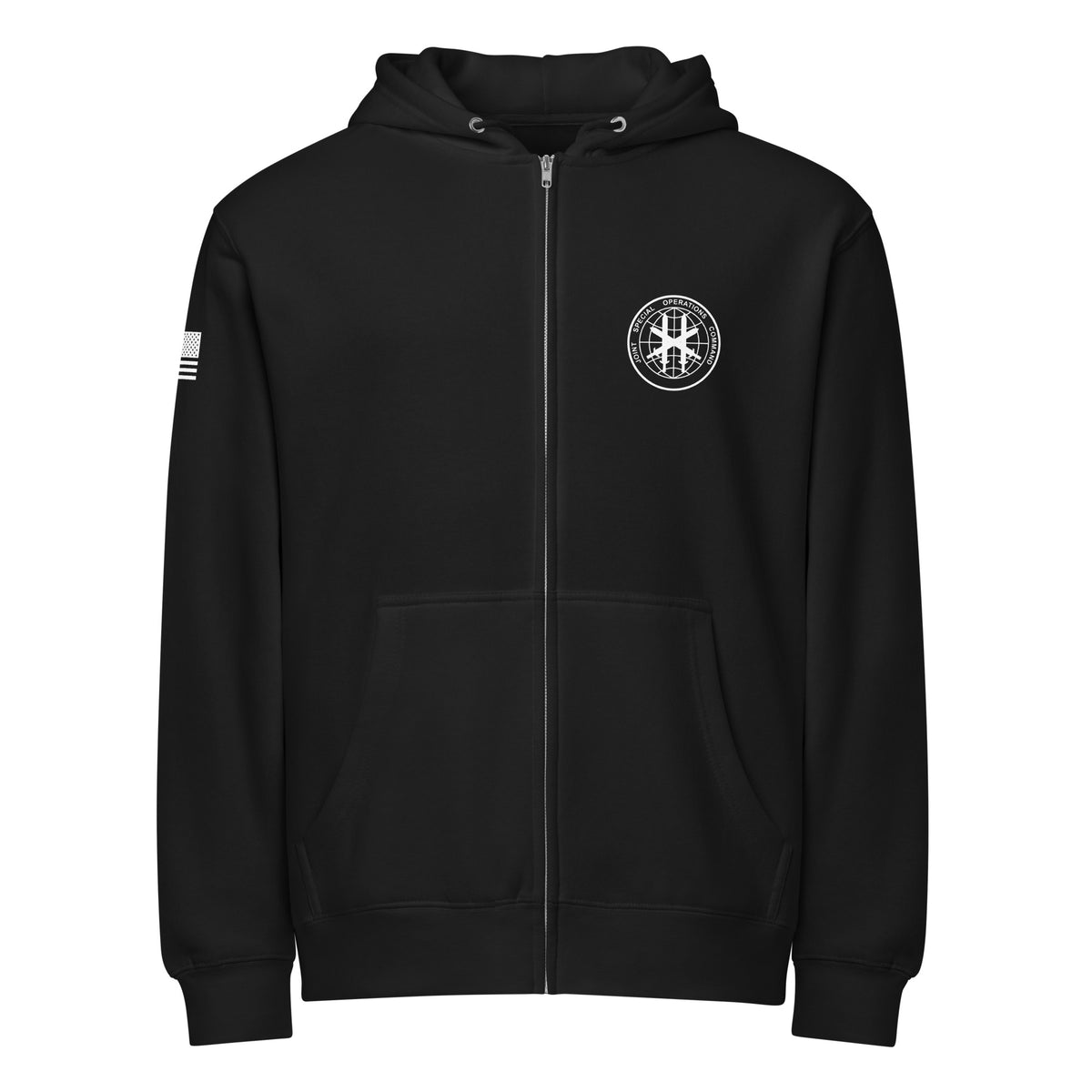 Black hoodie, front view showing JSOC chest insignia.