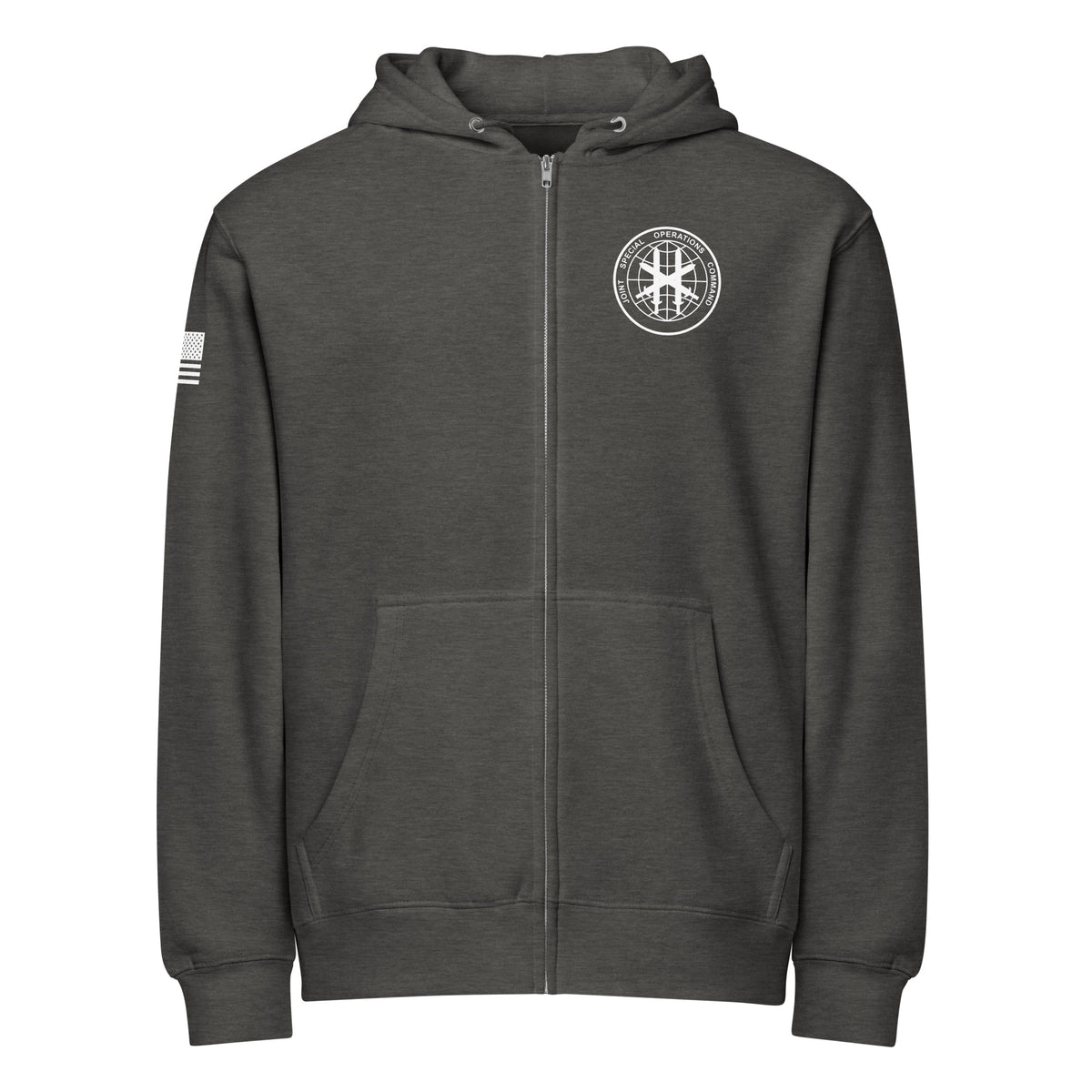 Charcoal heather hoodie, front view showing JSOC chest insignia.