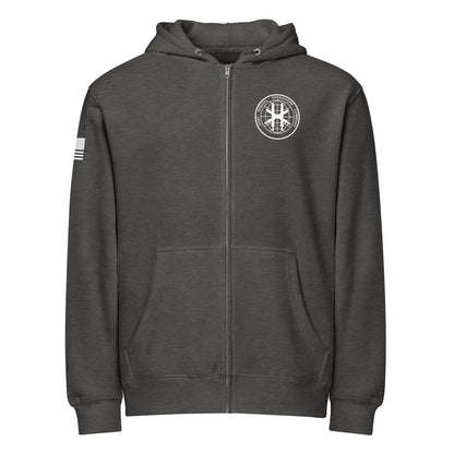 Charcoal heather hoodie, front view showing JSOC chest insignia.