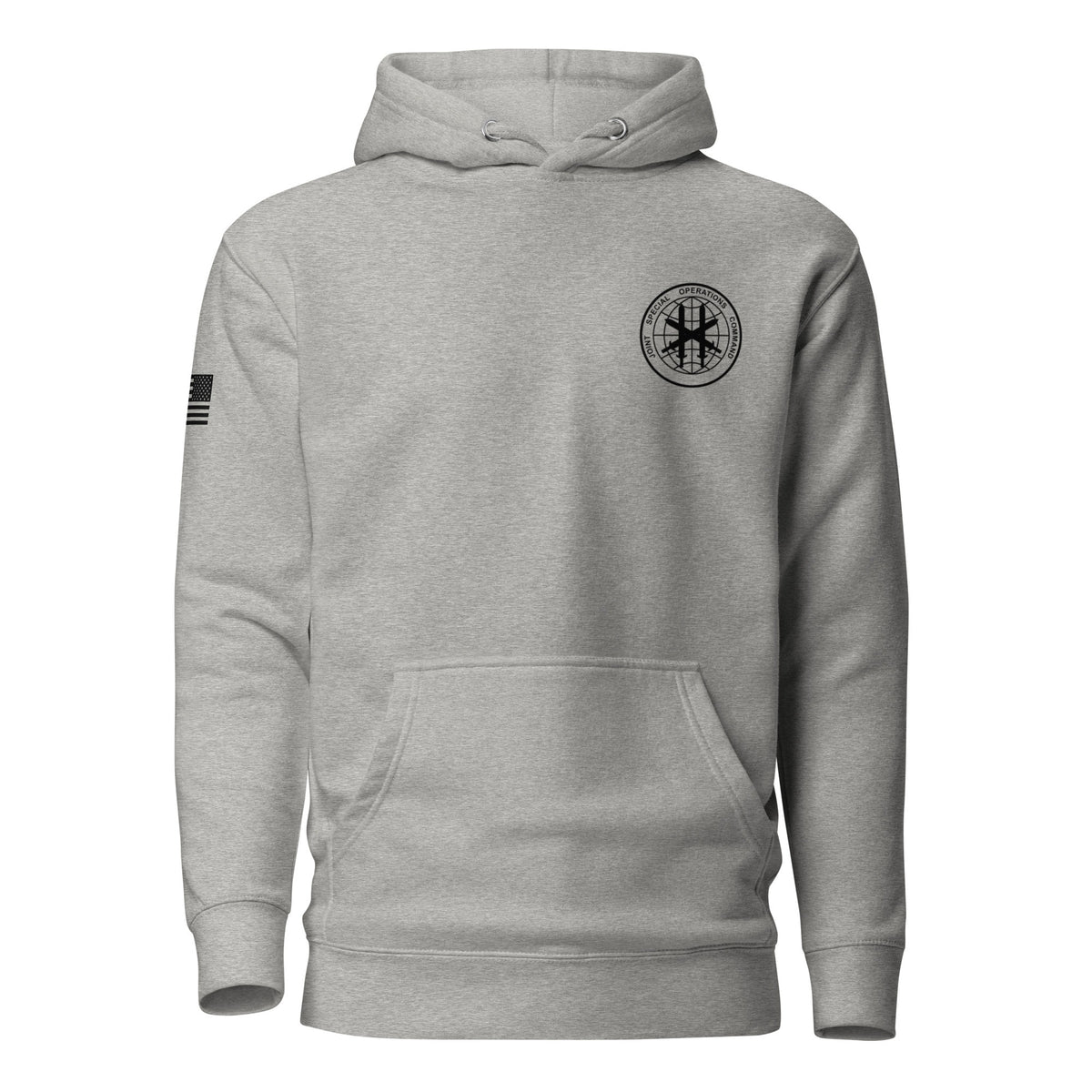 JSOC Logo Pullover Hoodie in Carbon Grey, front: JSOC seal on the left chest