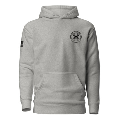 JSOC Logo Pullover Hoodie in Carbon Grey, front: JSOC seal on the left chest