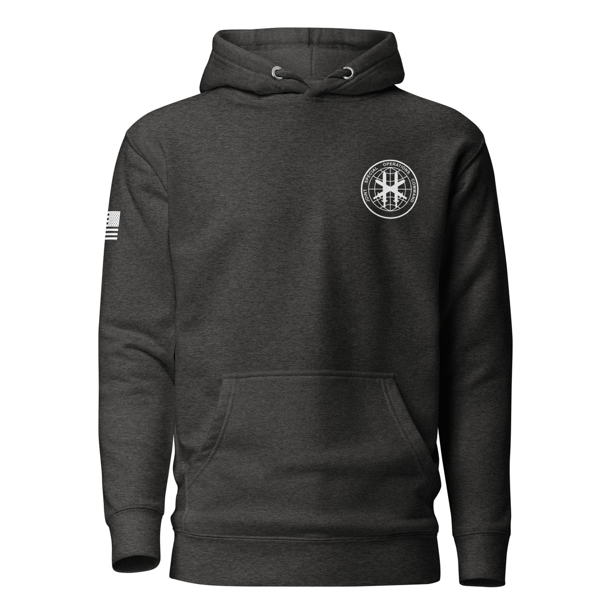 JSOC Logo Pullover Hoodie in Charcoal Heather, front: JSOC seal on the left chest