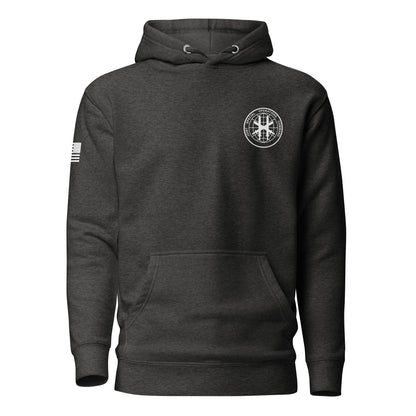 JSOC Logo Pullover Hoodie in Charcoal Heather, front: JSOC seal on the left chest