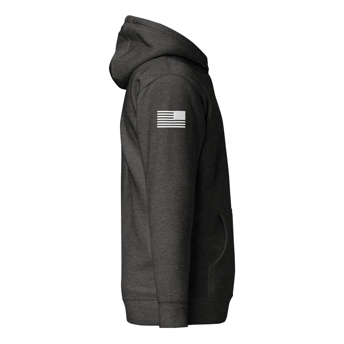 JSOC Logo Pullover Hoodie in Charcoal Heather, right side: US flag on the sleeve