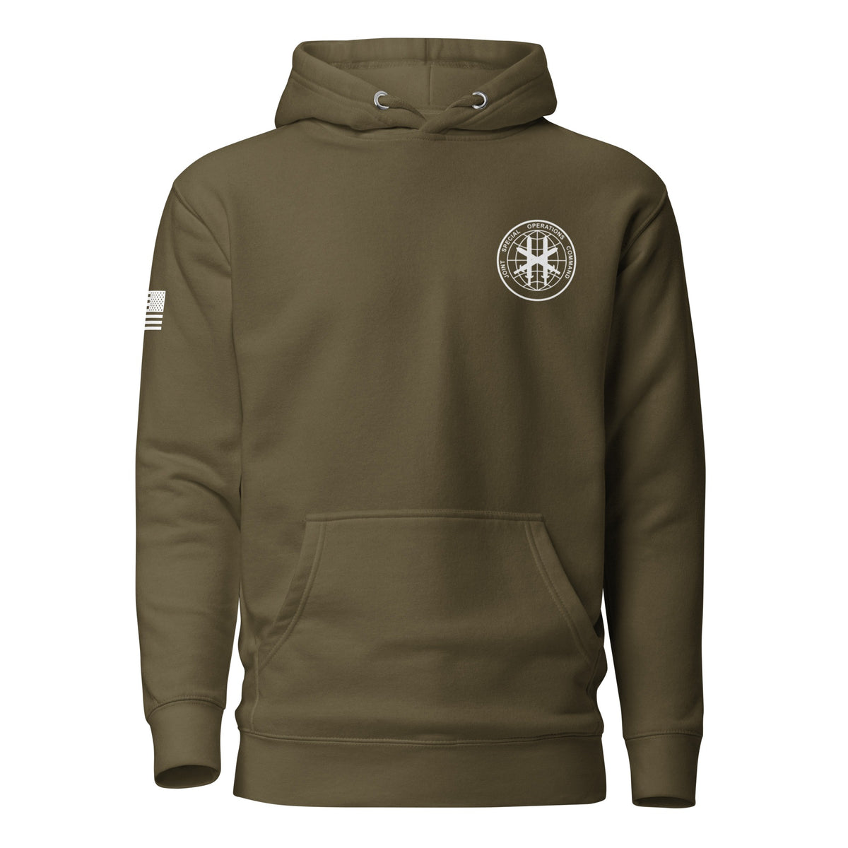 JSOC Logo Pullover Hoodie in Military Green, front: JSOC seal on the left chest
