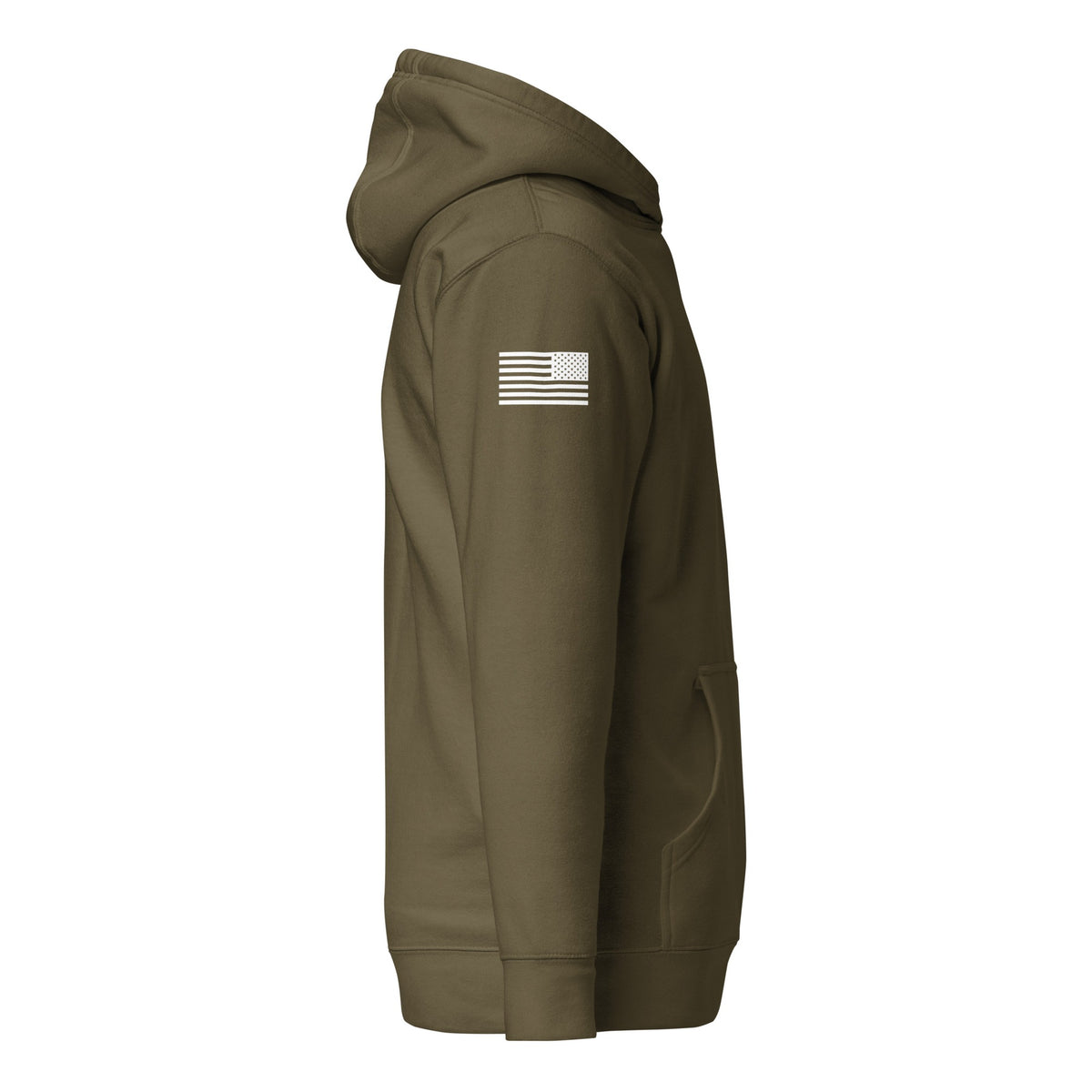 JSOC Logo Pullover Hoodie in Military Green, right side: US flag on the sleeve