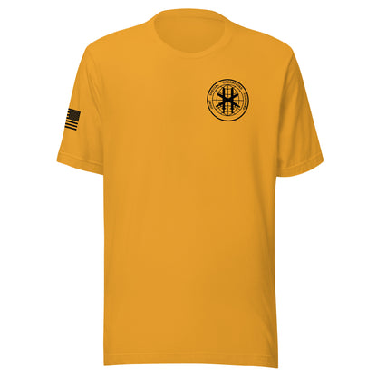 Mustard shirt, front view showing JSOC chest insignia.