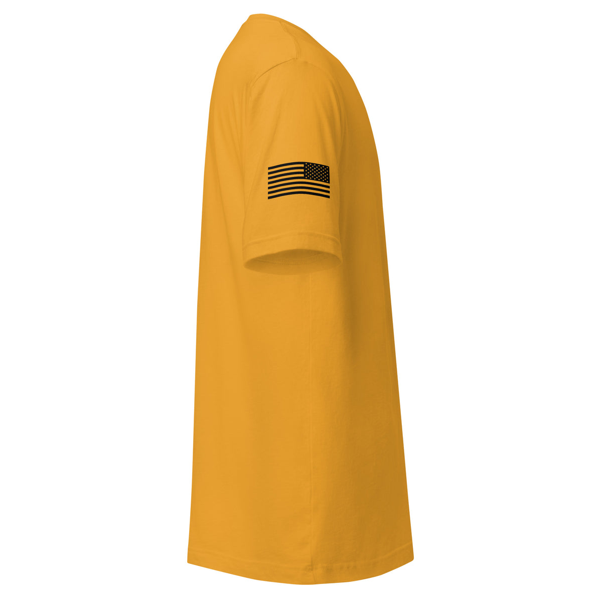 Mustard shirt, right view showing right-sleeve American flag.