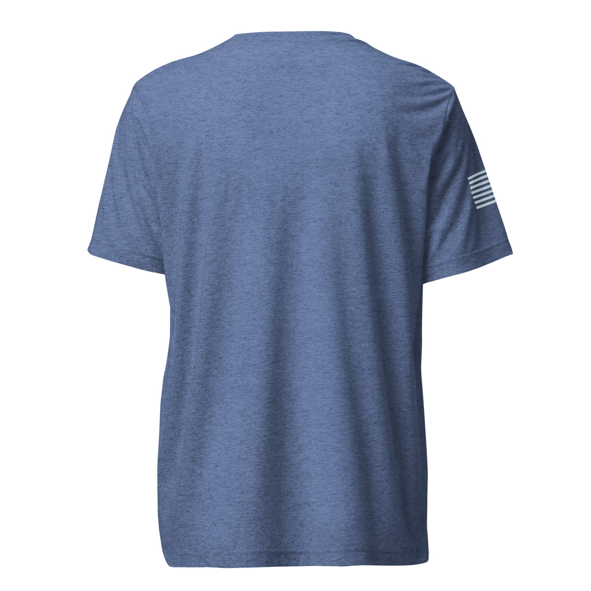 Blue DEVGRU Swim triblend T-shirt, plain back view with American flag visible on the right sleeve