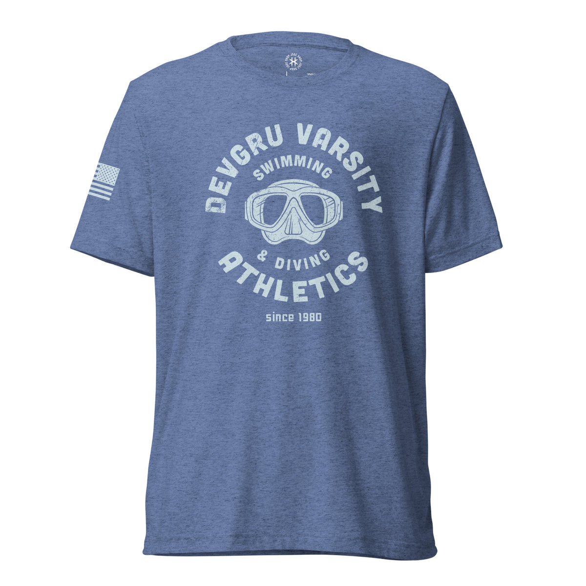 Blue DEVGRU Swim triblend Shirt, front view with varsity swimming and diving mask graphic and American flag sleeve print