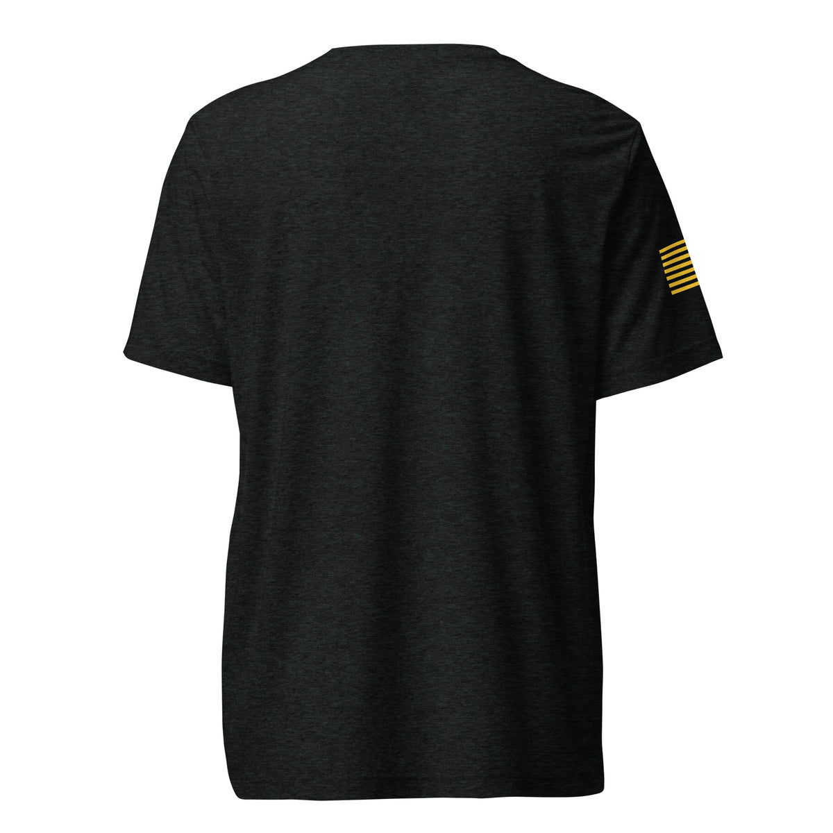 Charcoal black Mog Mile triblend T-shirt, plain back view with yellow American flag visible on the right sleeve