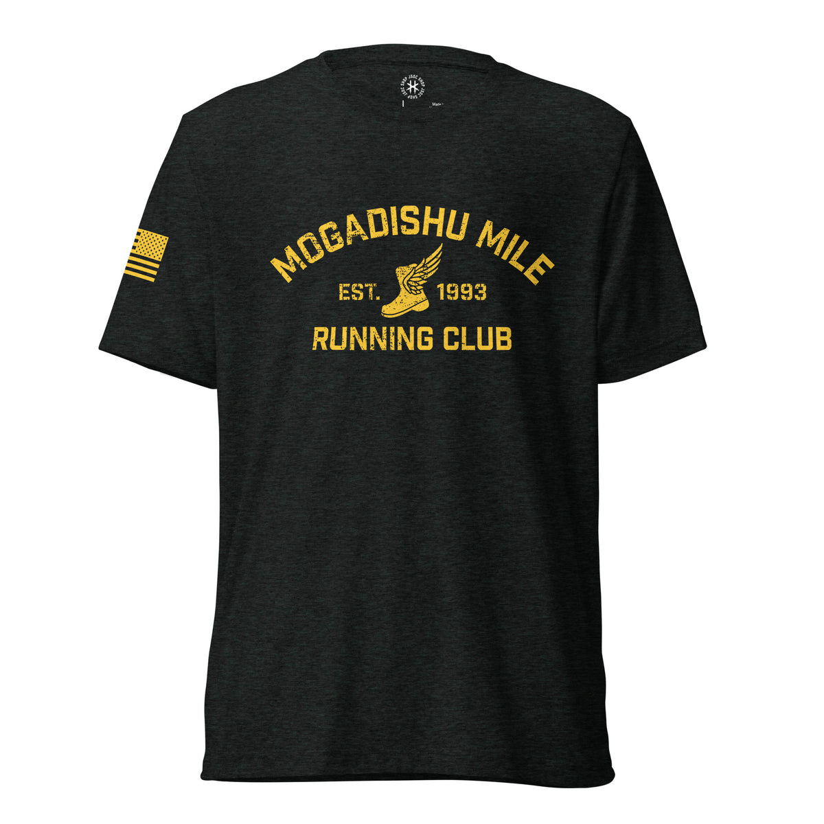 Charcoal black Mog Mile triblend Shirt, front view with yellow Mogadishu Mile Running Club lettering, winged shoe and American flag sleeve print