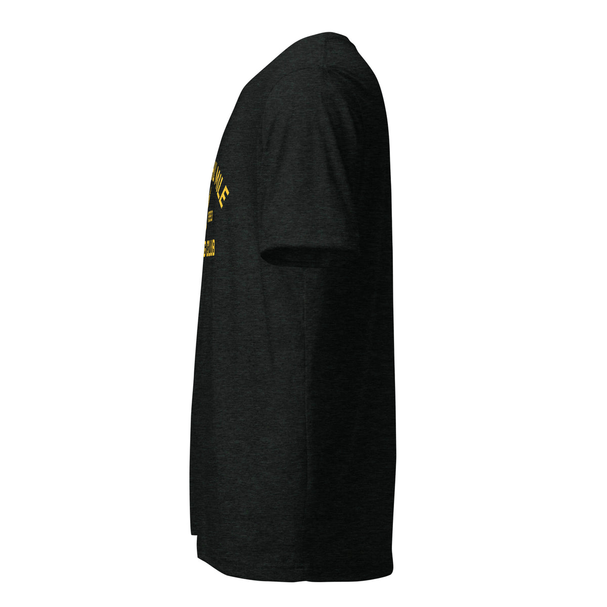 Charcoal black Mog Mile triblend T-shirt, left-side view showing the plain sleeve and heathered fabric