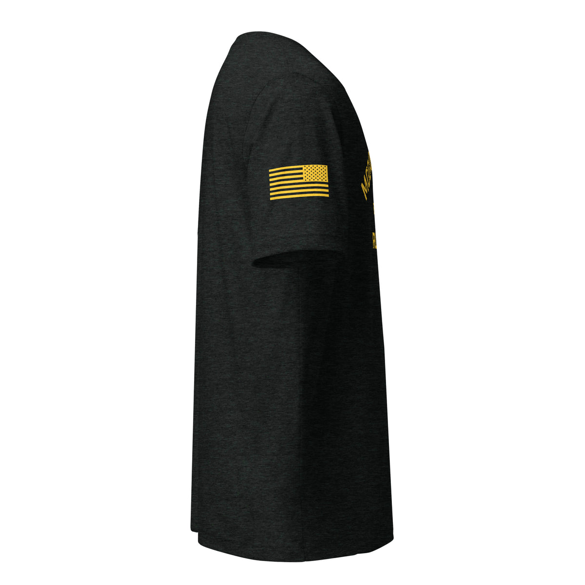 Charcoal black Mog Mile triblend T-shirt, right-side view with yellow American flag sleeve print