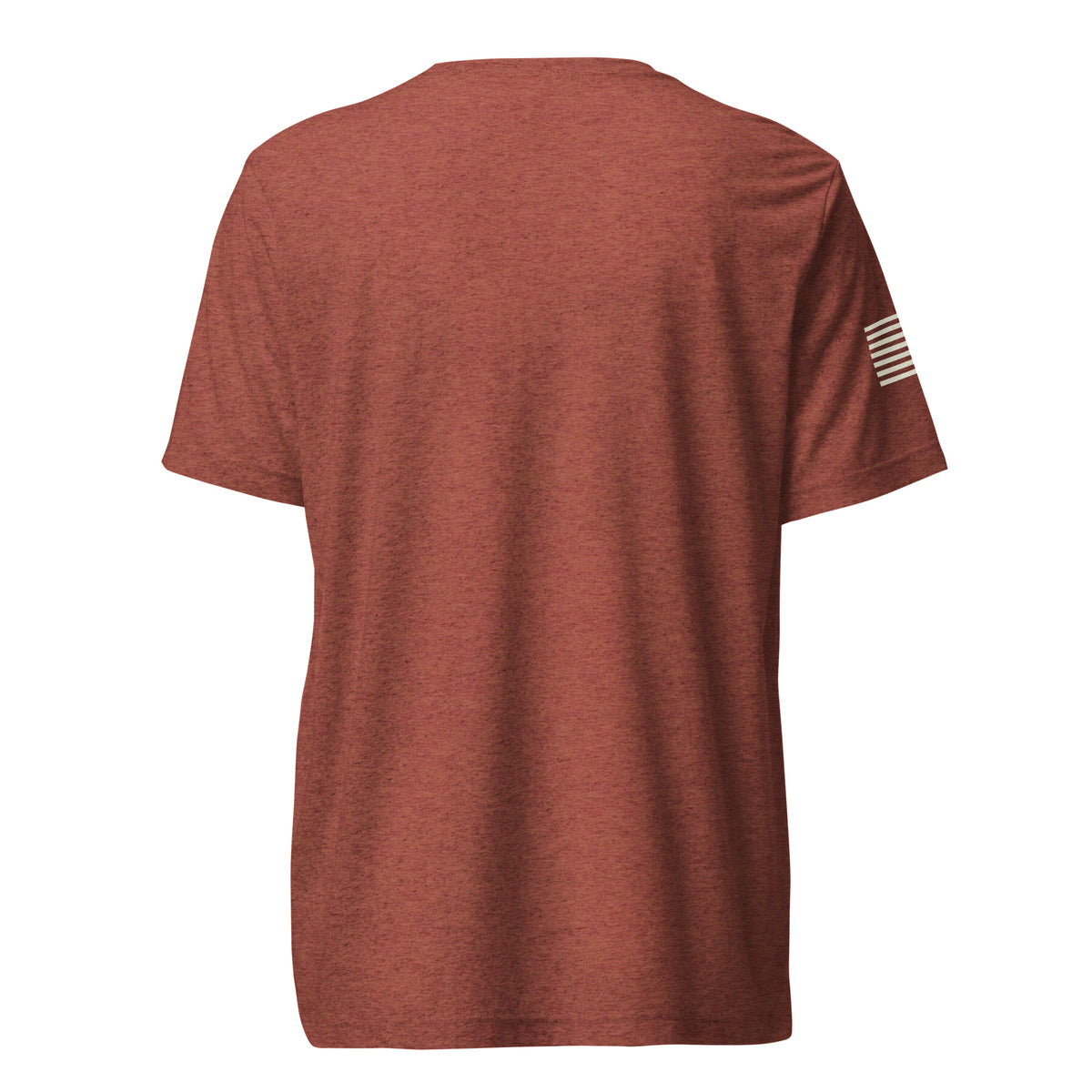 Clay red First In triblend T-shirt, plain back view with cream American flag visible on the right sleeve