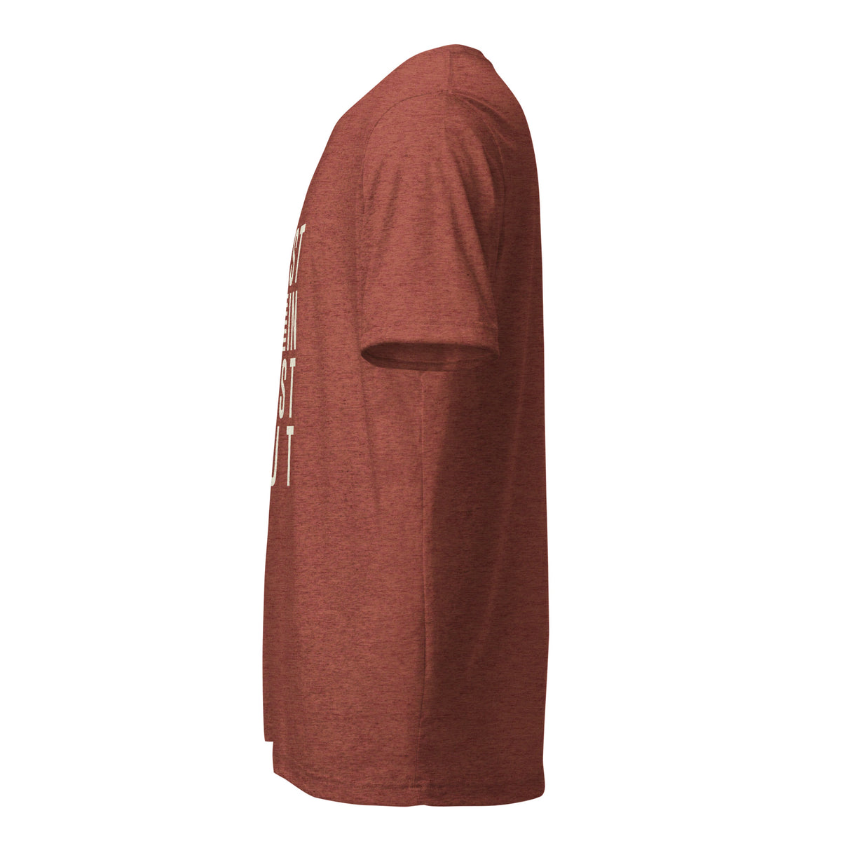Clay red First In triblend T-shirt, left-side view showing the plain sleeve and heathered fabric