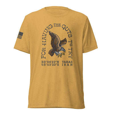 Mustard triblend shirt, front view with eagle artwork and For Having the Guts to Try lettering.