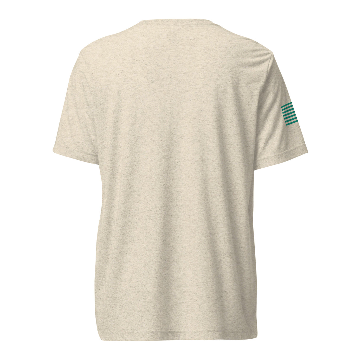Oatmeal Only Easy Day triblend T-shirt, plain back view with green American flag visible on the right sleeve