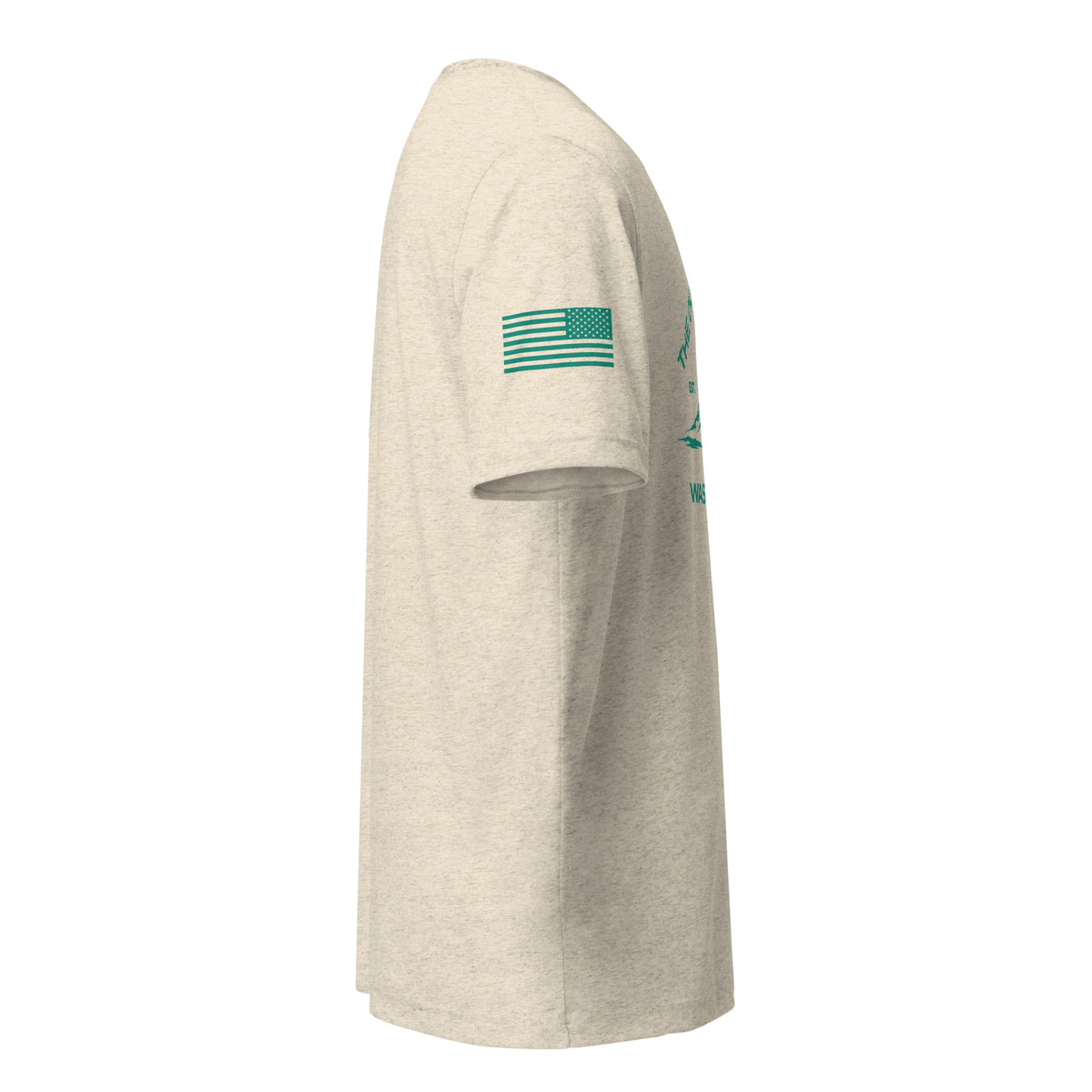 Oatmeal Only Easy Day triblend T-shirt, right-side view with green American flag sleeve print