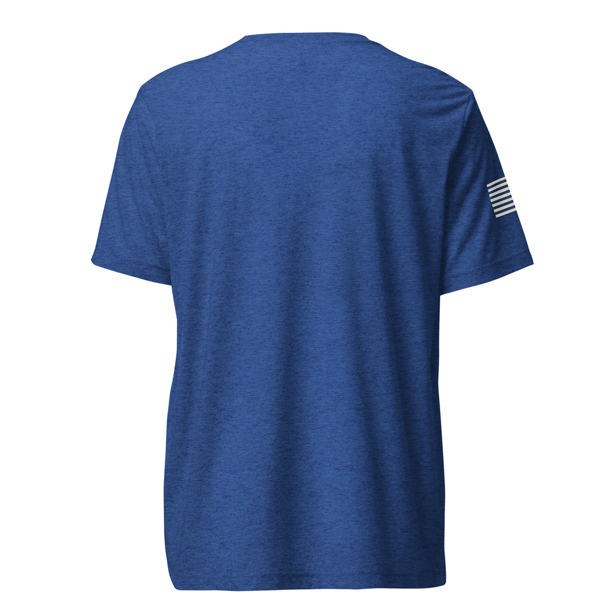 Royal blue Sierra Hotel triblend T-shirt, plain back view with cream American flag visible on the right sleeve