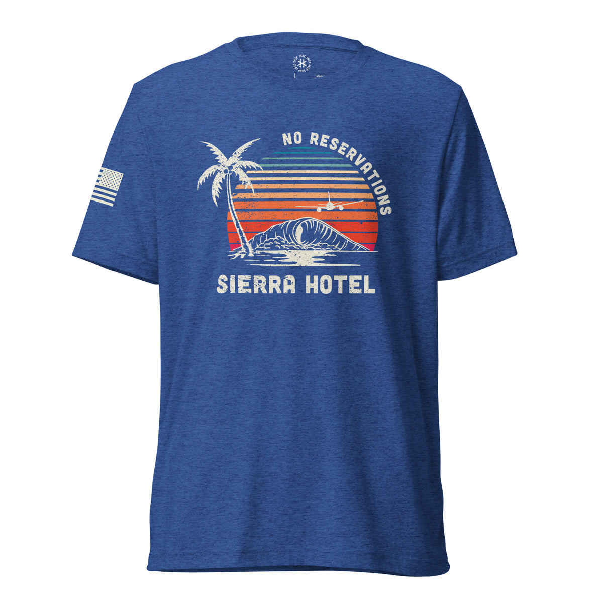Royal blue Sierra Hotel triblend Shirt, front view with sunset stripes, palm tree, wave, aircraft and No Reservations lettering