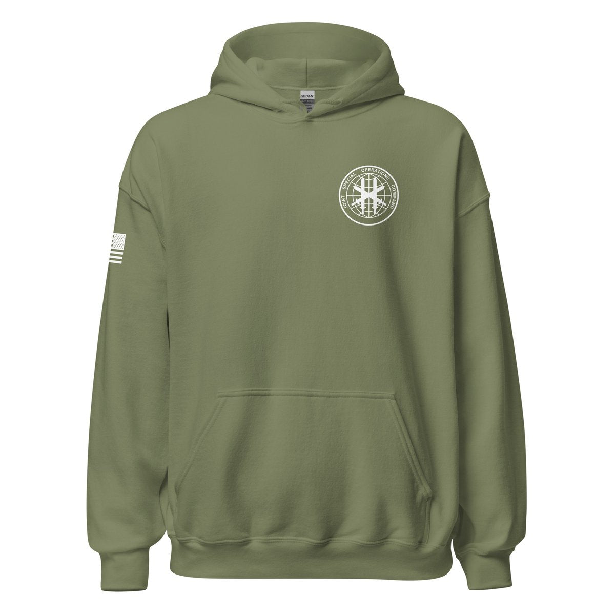 Military Green JSOC pullover: chest insignia and right-sleeve flag, Printful product mockup